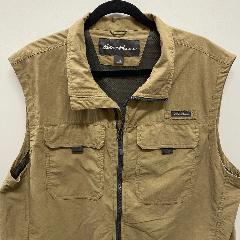 Eddie Bauer 100% Nylon Tan Vest Men's TL Large Tall‎ Multi Pocket Travel Fishing